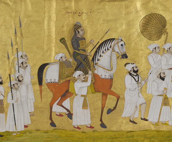 A gold painting close up of a man on horseback.