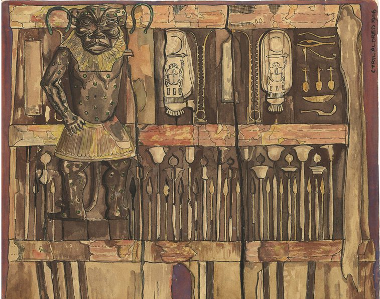 A brown, yellow, and orange drawing of a box flattened into 2D depicting a lion-like figure and hieroglyphs.