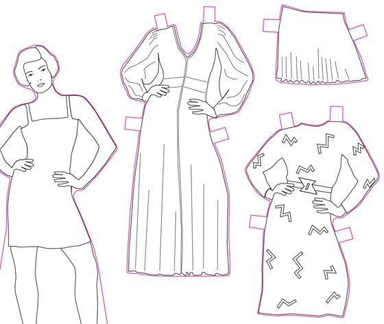 Illustrations of fashionable clothes designed by Jean Muir. There are two long sleeved dresses, a skirt, and a model wearing a short dress.