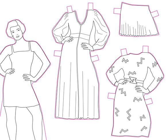 Illustrations of fashionable clothes designed by Jean Muir. There are two long sleeved dresses, a skirt, and a model wearing a short dress.