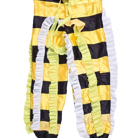 Multicoloured trousers with yellow and black horizontal stripes and white and yellow frills.