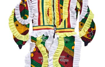 Multicoloured jacket with white and yellow frill lining.