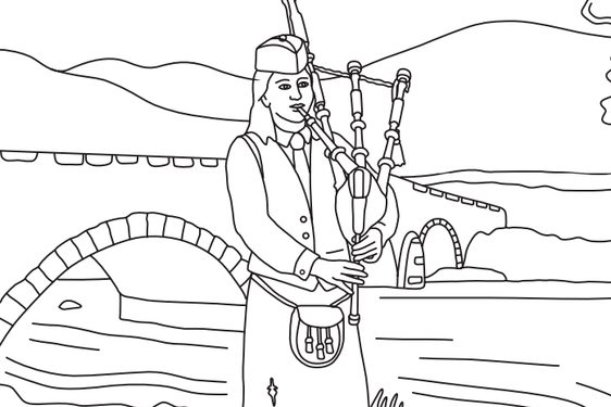 Line drawing of a bagpiper in traditional dress playing bagpipes next to a river.