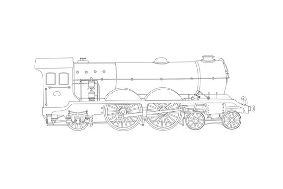 Line drawing of a steam engine.