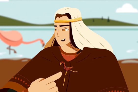 Cartton Illustration of a woman wearing a robe and head dress pointing to a small bird pin on her lapel.