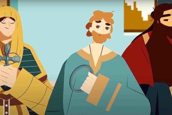 Cartoon still showing three different characters connected to the Galloway Hoard.