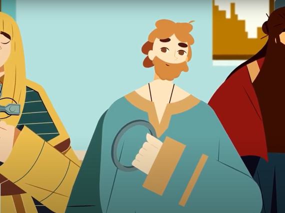Cartoon still showing three different characters connected to the Galloway Hoard.