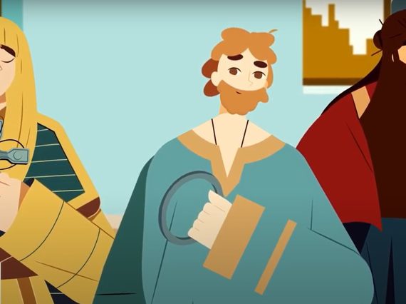 Cartoon still showing three different characters connected to the Galloway Hoard.