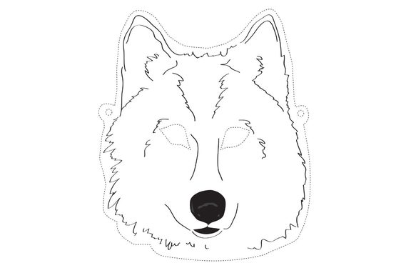 Black and white illustration of a wolf head to cut out as a mask