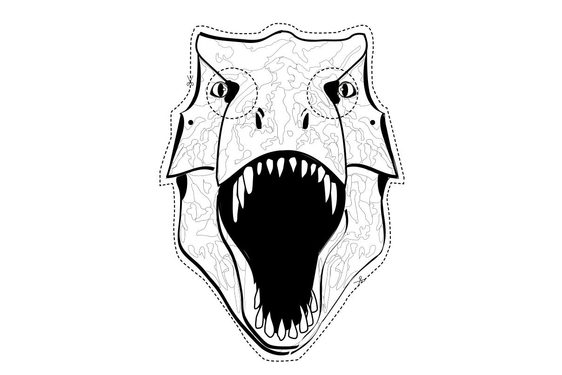 Black and white illustration of a dinosaur head to cut out as a mask