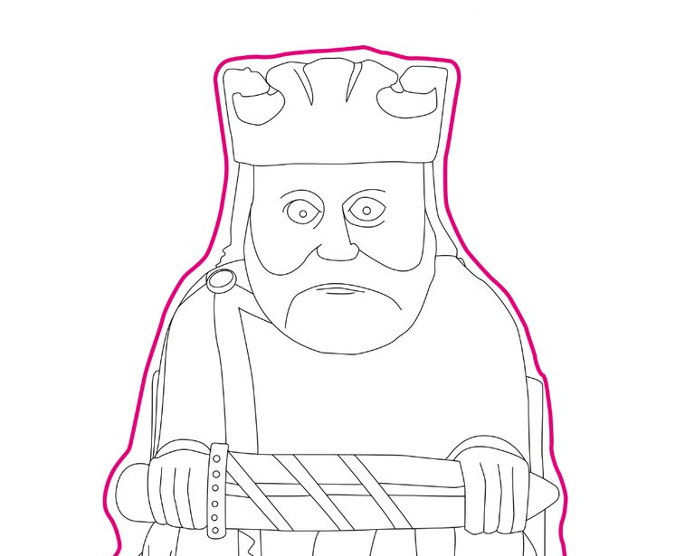 Illustration of the king chess piece from the Lewis chessmen. The king is sitting on a throne holding a sword.