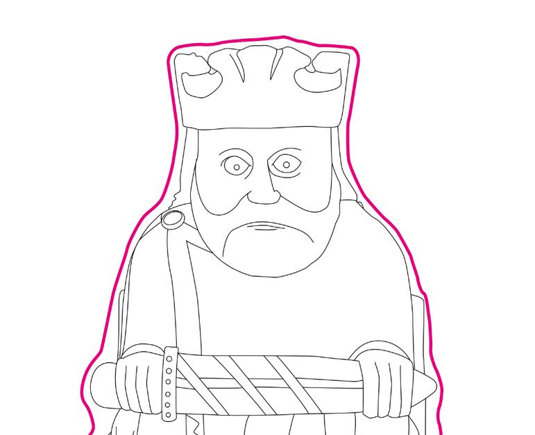 Illustration of the king chess piece from the Lewis chessmen. The king is sitting on a throne holding a sword.