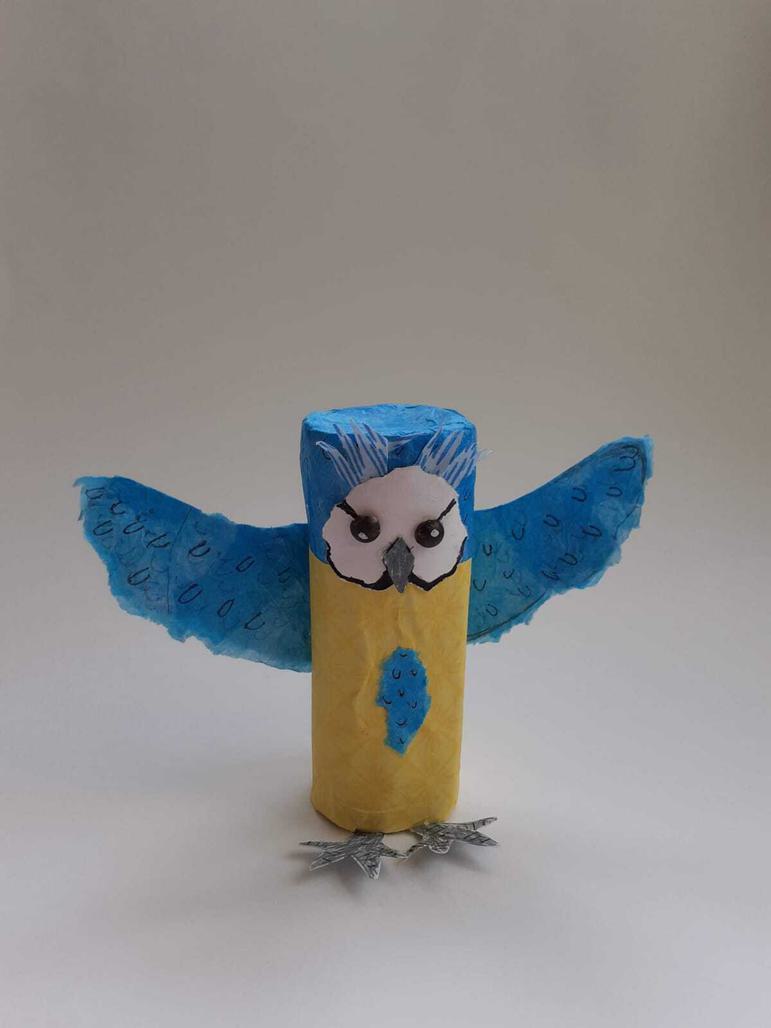 Completed Busy Blue Tit, adorned with eyes, a beak, and feathers.