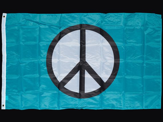 Light blue flag a black and white peace symbol in the centre.