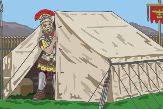 An illustration of a Roman soldier standing in the entrance way to an army tent.