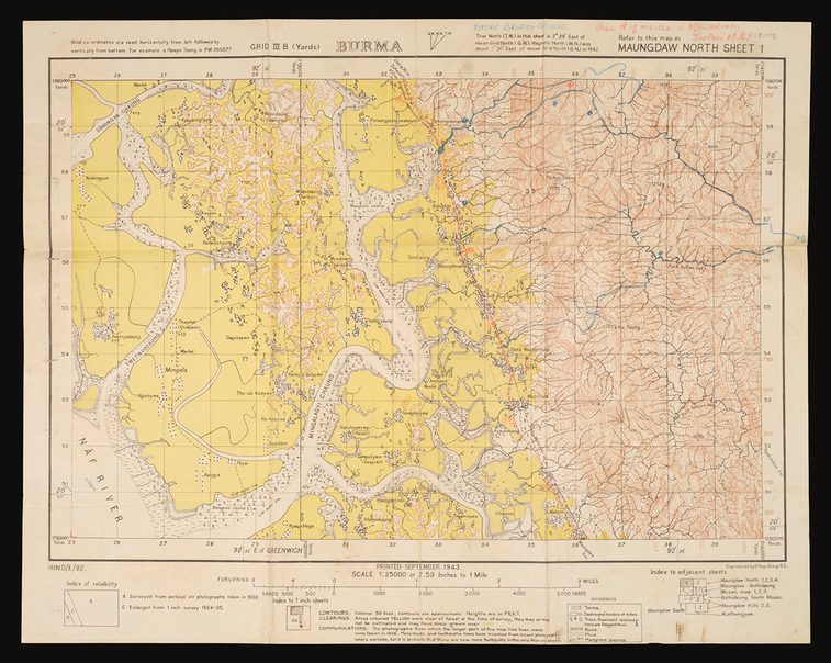 1938 map of Burma (Myanmar). Some routes have been marked in blue pencil.