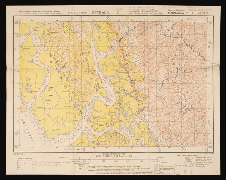 1938 map of Burma (Myanmar). Some routes have been marked in blue pencil.