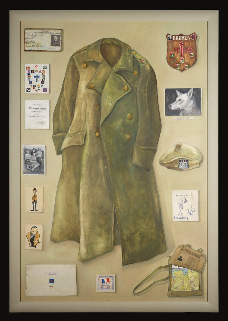 Painting of a military coat surrounded by war memorabilia including, a photograph of a dog, ID, postcards, documentation.