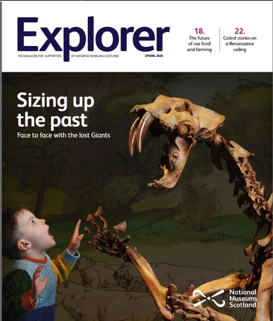 Cover of National Museums Scotland Explorer Magazine for Members featuring a child and a skeleton of a saber-toothed tiger.