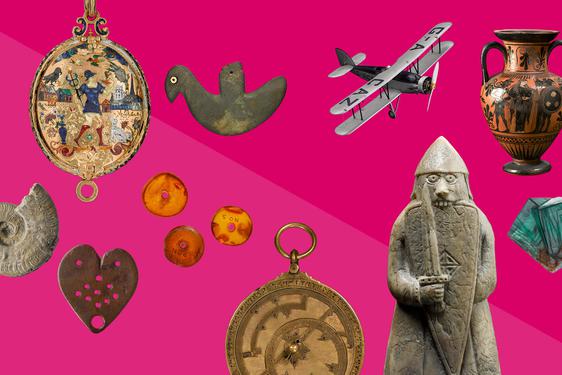 A graphic of a group of objects from the National Museums collections on a two-tone pink background.