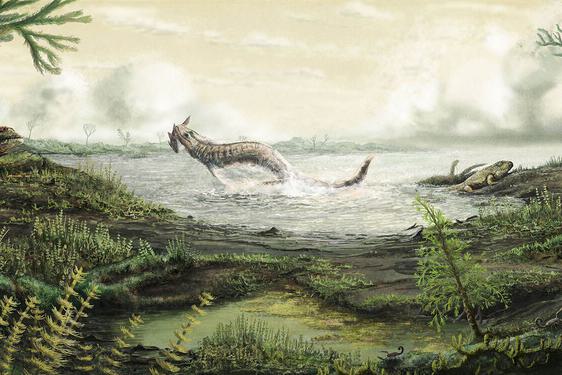 Illustration of a pre-historic landscape. Different animals are sitting on grass surrounding a lake. A sea creature is emerging from the water.