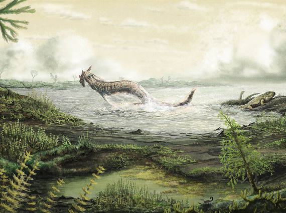 Illustration of a pre-historic landscape. Different animals are sitting on grass surrounding a lake. A sea creature is emerging from the water.